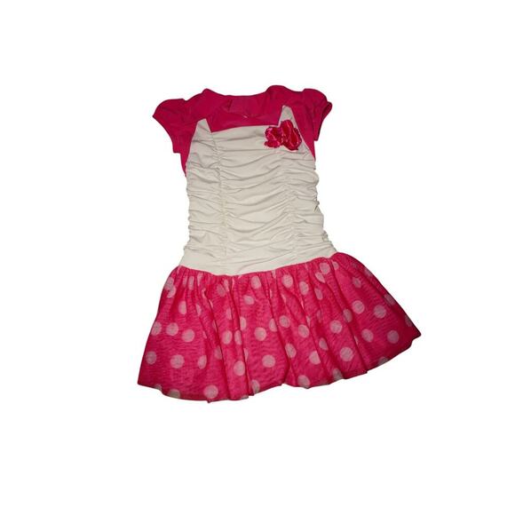 BCX Girl Pink White Polka Dot Dress Cap Sleeve Ruched Bodice Size 4 Girls - Picture 1 of 6